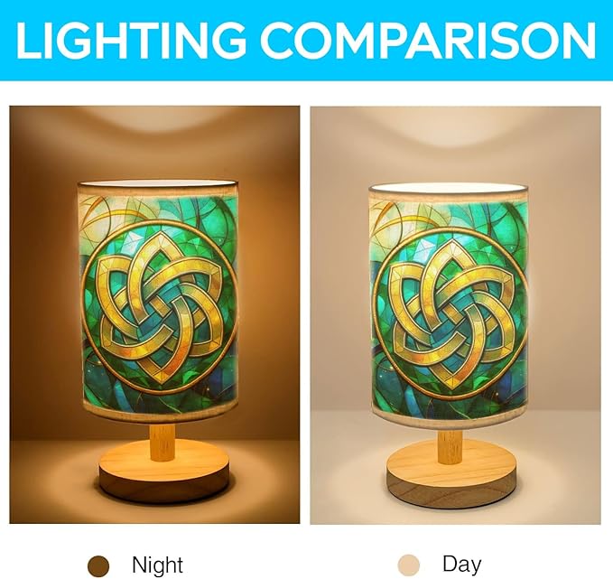 Celtic Knot Table Lamp LED 3-Color Pressed Bedside, Celtic Knot Shade Lamp with Wood Base for Bedroom Living Room Desk Office TL01