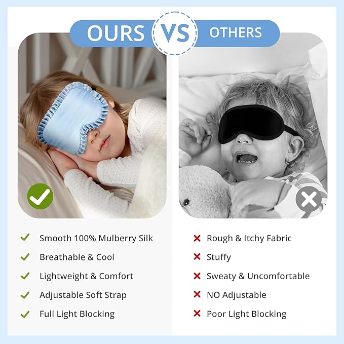 Kids Sleep Mask, 100% Real Mulberry Silk Eye Mask, Sleeping Mask for Kids with Adjustable Elastic Band, Soft & Light Blocking Eye Cover Gift for Boys Girls Teens Age 5+ (Blue)