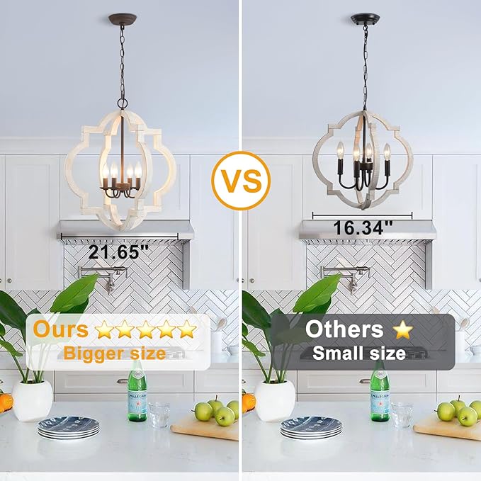 21.7" Oak Farmhouse Chandeliers for Dining Room Light Fixture Orb Distressed White Wood Pendant Light Kitchen Chandeliers over Table Ceiling Hanging Light for Island Living Room Bedroom Entryway Foyer