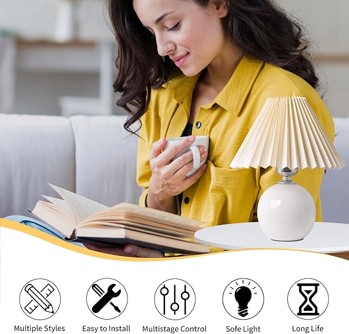 Korean Pleated Table Lamp Ins DIY Ceramic Table Lamps for Living Room Home Deco Cute Lamp with Tricolor Led Bulb Beside Lamp…