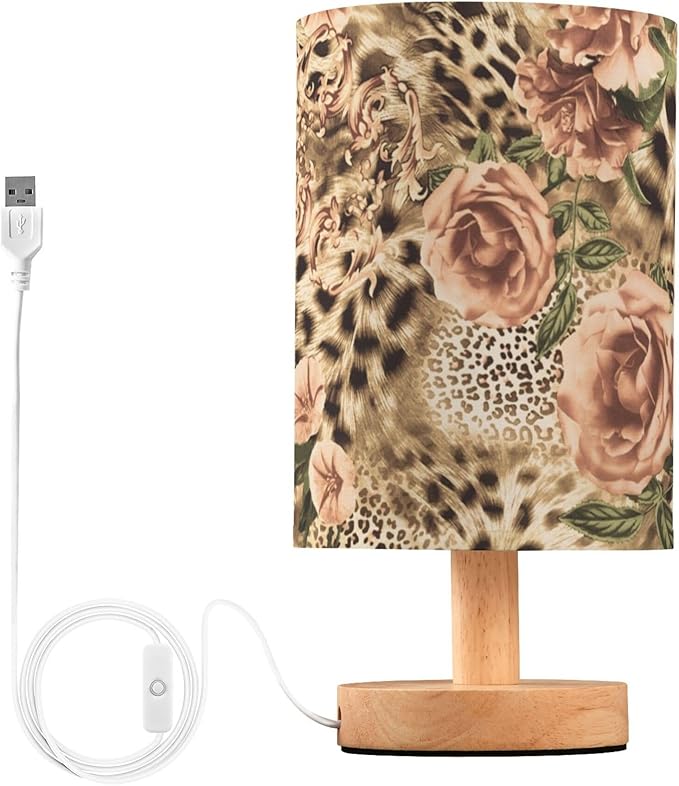 Leopard Print with Pink Floral Rose Flower Table Lamp with Wood Base Fabric Lamp Shade Bedside Nightstand Desk Lamp for Living Room Bedroom Kids Room Office
