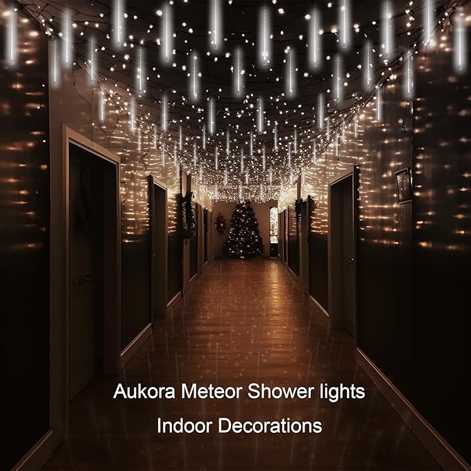 Aukora Christmas Lights Outdoor Meteor Shower Falling Rain Lights 12 inch 8 Tubes 192LED Snowfall Cascading Icicle String Light for Xmas Tree Decor Wedding Party Holiday Window Garden, UL Plug, White