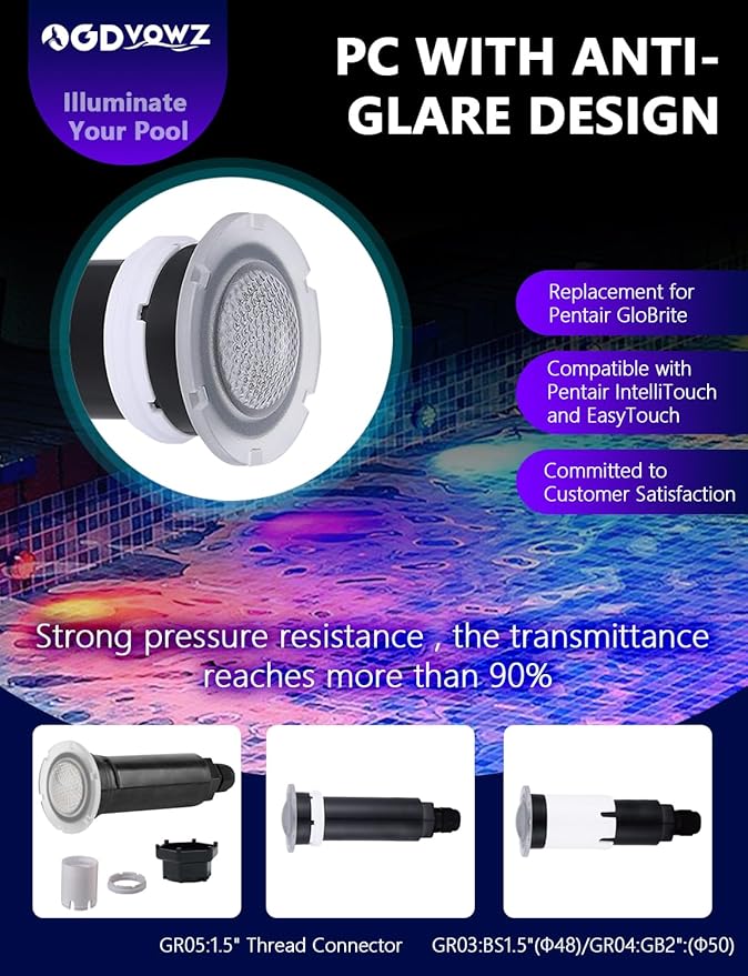 Direct Replacement for Pentair Globrite Color Led Pool Light - 1.5 Inch 12VAC RGB 100ft Cord Changing Swimming for Inground Pools/Spa