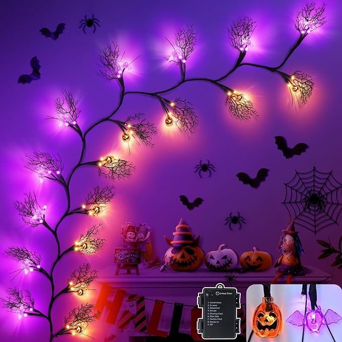 6 FT 54 LED Halloween Lights, 8 Modes & Timer Battery Operated Halloween Pumpkins Bats Lights with Willow Vine Twig Garland, 3D Waterproof Decorations Lights for Indoor Wall Party Fireplace Mantle
