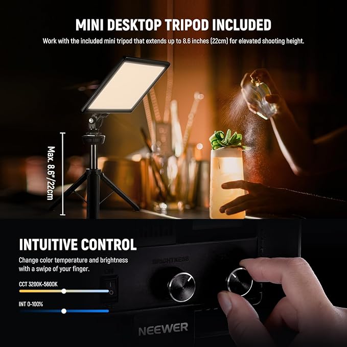 NEEWER 9" LED Camera Video Light Panel, 4000mAh USB C Dimmable DSLR Soft Key Lighting 3200K-5600K CRI95+ for Studio Photography Recording Streaming, Mini Desk Tripod Stand, Cleaning Cloth, NL-116AI