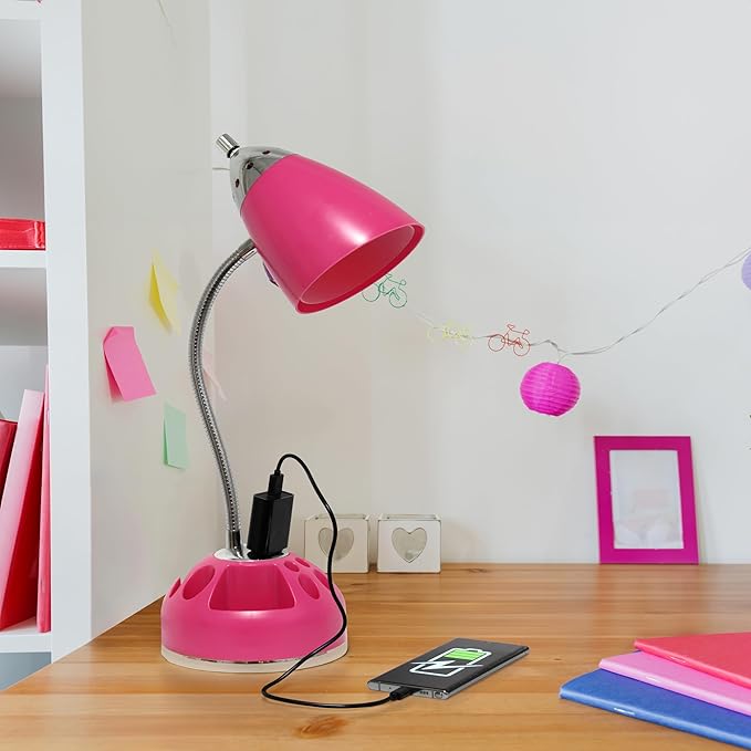 Simple Designs LD1015-PNK-LB 19.5" Flossy Organizer Desk Lamp with Charging Outlet Lazy Susan Base and LED Bulb, Pink