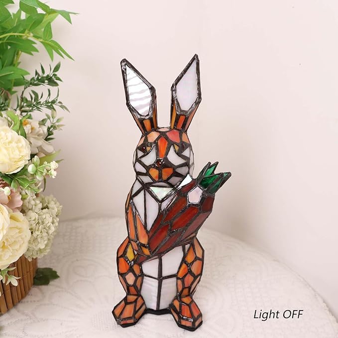 Bieye L10951 Rabbit Holds Carrot Tiffany Style Stained Glass Accent Table Lamp for Home Decor (Orange)