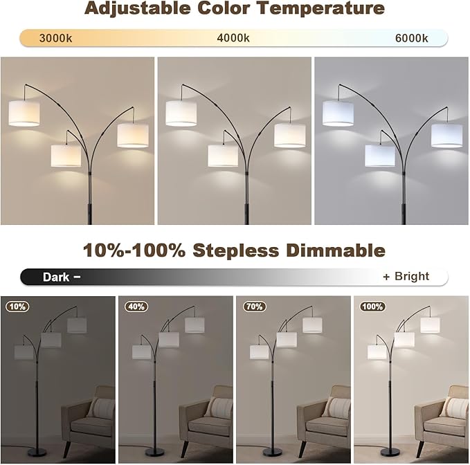 Netin 3 Light Arc Floor Lamps for Living Room, Large Floor Lamp with Remote Control, Modern 80" Tall Standing Lamp, 3 Color Temperature, Mid Century Tree Floor Lamp for Bedroom, Office