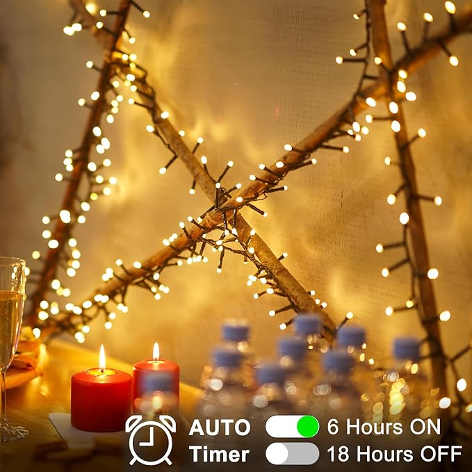 2 Pack String Lights Battery Operated, Total 20Ft 400 LED Cluster String Lights with Timer 8 Modes Christmas Firecracker Lights Outdoor Waterproof for Tree Home Decor (Warm White)