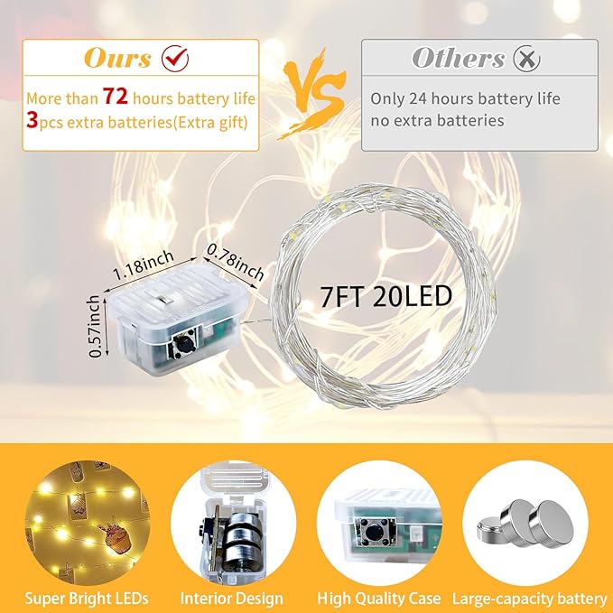 50 Pack Fairy Lights 7Ft 20 LED Twinkle String Lights 3 Modes Battery Operated Waterproof Firefly Starry for Mason Jar Wedding Birthday Party Table Centerpieces Bedroom Christmas,Warm White