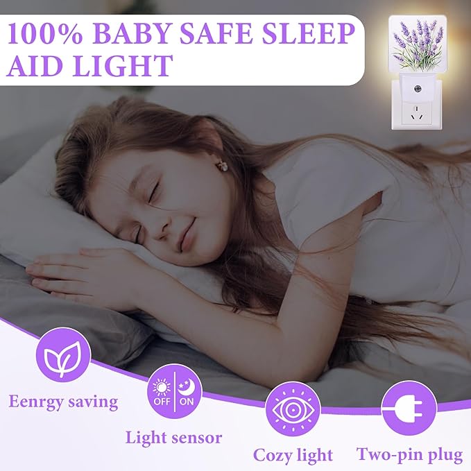 Purple Lavender Night Light,Plug-in Night Lights with Dusk-to-Dawn Sensor for Bedroom,Bathroom and Living Room Sleep Friendly lamp 0.5w