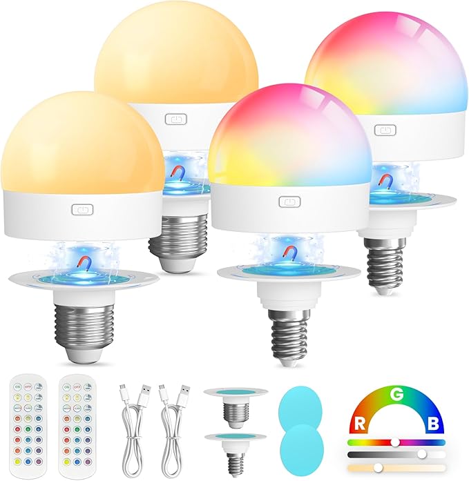 UNILAMP E26 E12 Rechargeable Battery Operated Light Bulb with Remote: 3 Colors+12 RGB Dimmable LED Bulbs with Timer, 2000mAh Magnetic Camping Puck Lights for Lamp, Porch, Emergency - 4 Pack