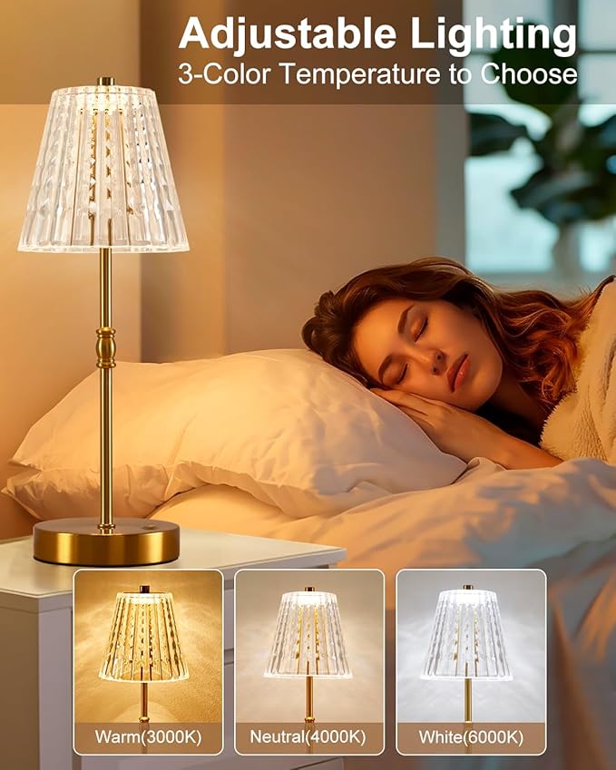 Cordless Table Lamp, 5000mAh Rechargeable Battery Operated Portable Lamp, Dimmable+3 Colors LED Touch Control, Vintage Crystal Lamp for Bedroom, Kitchen, Bar, Office