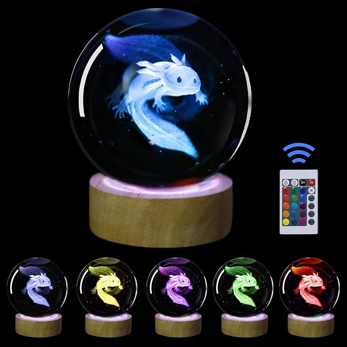 3D Axolotl Crystal Ball Night Light with 16 Color LED Wooden Base, Premium 2.4 Inch Axolotl Glass Ball Lamps with Remote for Birthday Holiday, Cool Axolotl Toy Decor Gifts for Boys Girls Kids