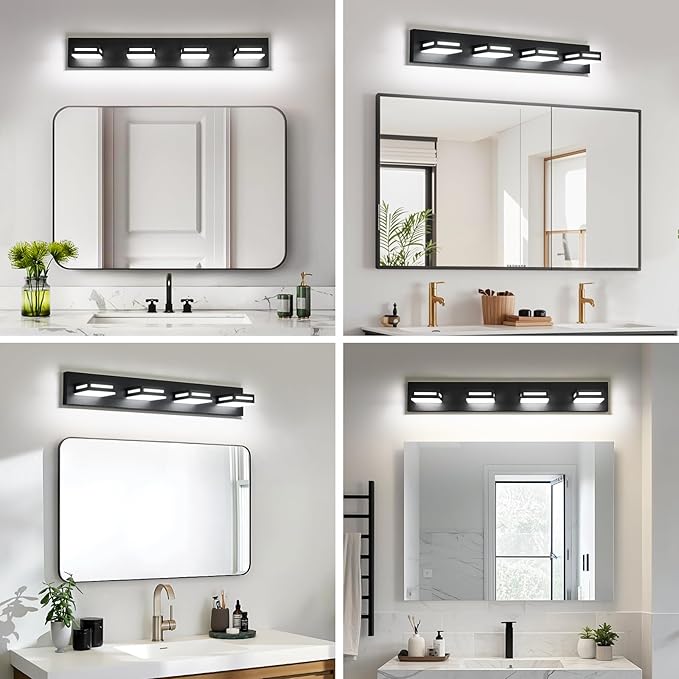 30-Inch 4-Light LED Modern Black Bathroom Vanity Light Fixtures Over Mirror, Bathroom Lighting Fixtures with Cool White 6000K, Vanity Wall Lights for Bath Restroom Powder Room