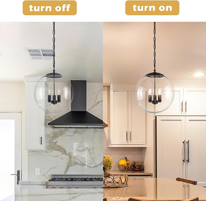 KoKo&Yukina 13.7" Black Globe Pendant Light Mid Century Pendant Light Clear Glass Pendant Lights Kitchen Island Adjustable Hanging Light Fixture for Dining Room Bedroom Kitchen Island
