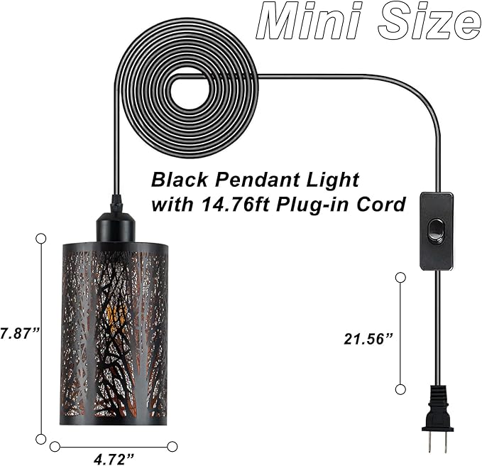 Industrial Black Plug in Pendant Light Vintage Mini Black Gold Hanging Lighting Rustic Hollow-Carved Cylinder Plug-in Pendant Light for Kitchen Island, Bedroom, Dining Room, Hallway