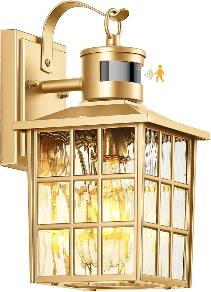 VIANIS Gold Motion Sensor Outdoor Lights for House, Modern Exterior Lighting Fixtures Wall Mount, 100% Aluminum Waterproof Outdoor Wall Sconce with Water Ripple Glass, Dusk to Dawn Front Porch Light
