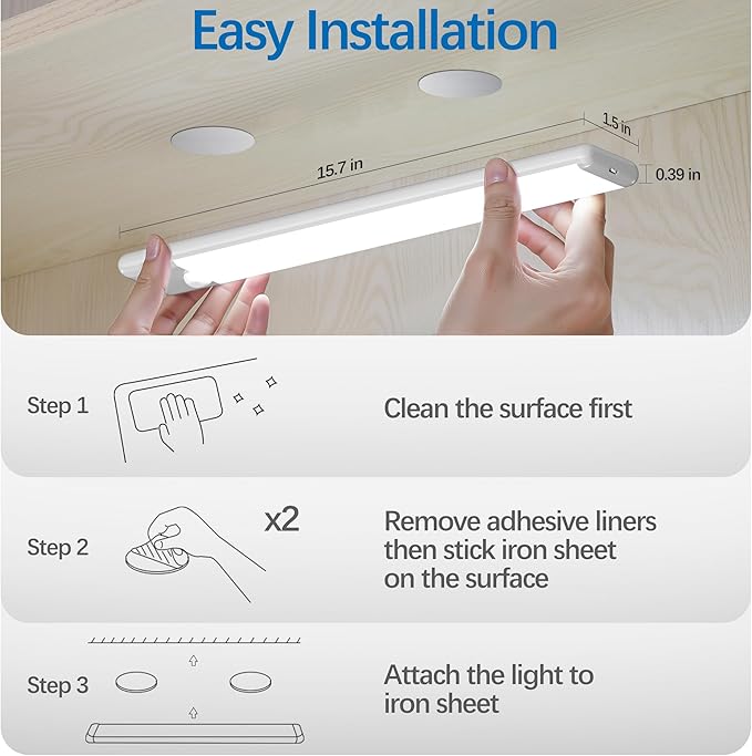 15.9 inch Motion Sensor Under Cabinet Lights, Magnetic Rechargeable Under Counter Closet Light, Wireless Night Light Bar Stick-On, Cool White, 2-Pack