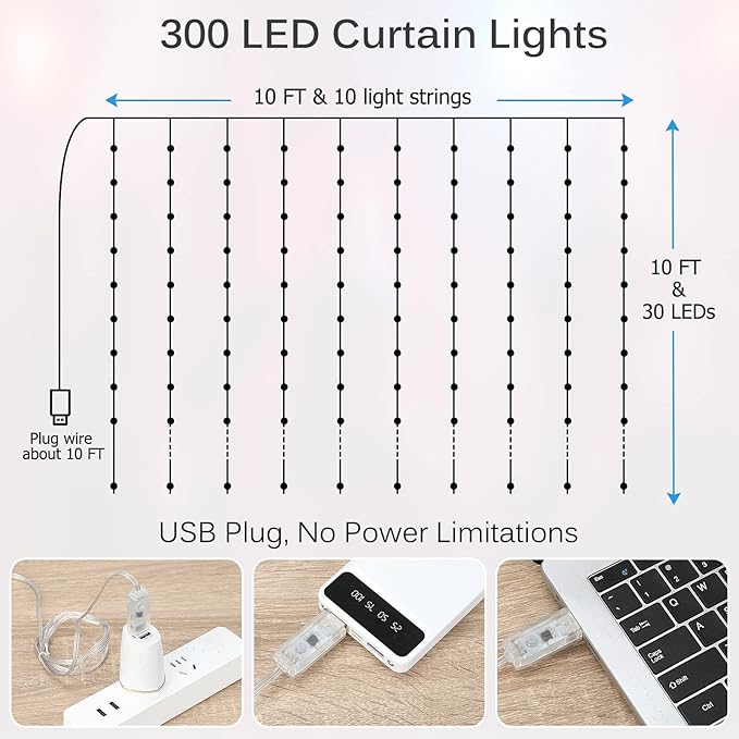 LED Curtain Lights, 10ft x 10ft 300 LED RGB Color Changing String Fairy Lights Curtain with Smart APP Control, Music & Voice Sync for Bedroom Backdrop Indoor Outdoor Christmas Decorations