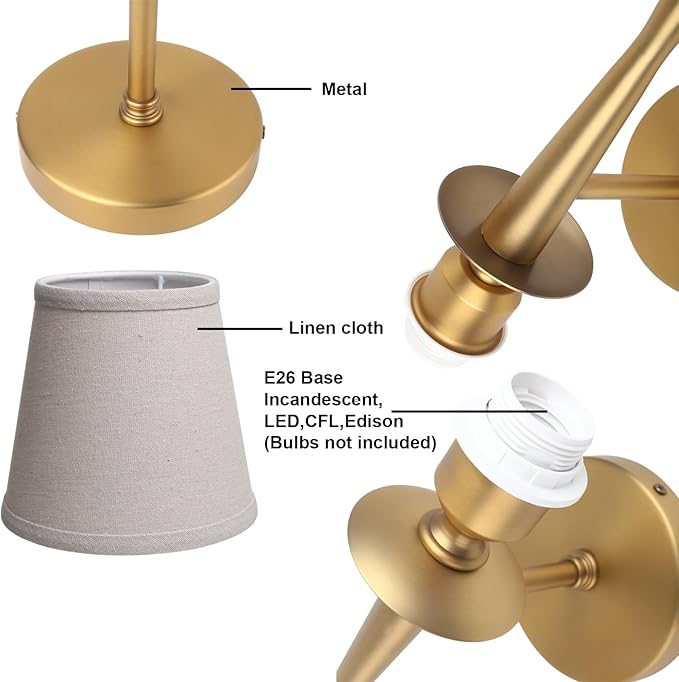 Yosoan Brass Gold Retro Boho Linen Fabric Wall Sconce Set of 2, Vintage Industrial Antique Indoor Hardwired Champagne Bronze Flared Fabric Shade for Bedroom Hallway Living Room