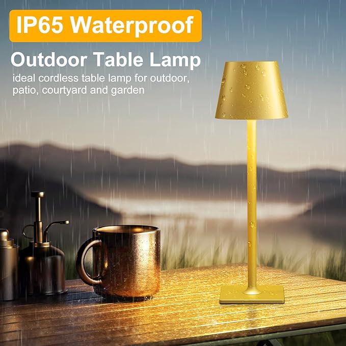 2 Pack Gold Cordless Table Lamp - 6000mAh Battery Operated Touch Lamp with 3 Color Stepless Dimming, Waterproof & Wireless for Indoor & Outdoor Use, Perfect for Living Room Camping Café Patio
