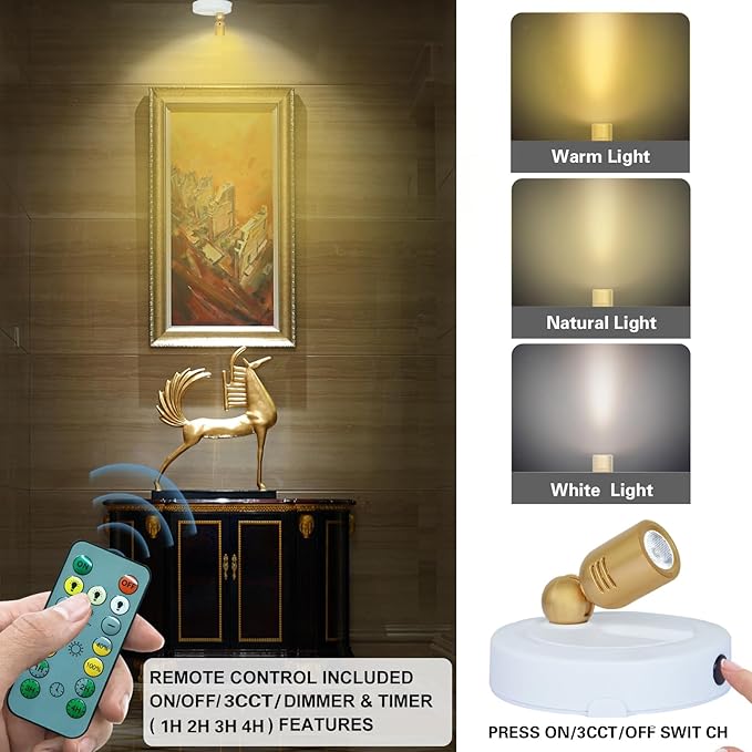 LED Spotlight Indoor, Battery Operated Spotlights with Remote, 3 Lighting Modes Up Lights for Plants Trees, Dimmable Timer Picture Lights for Wall Art Display Dartboard Painting Frames