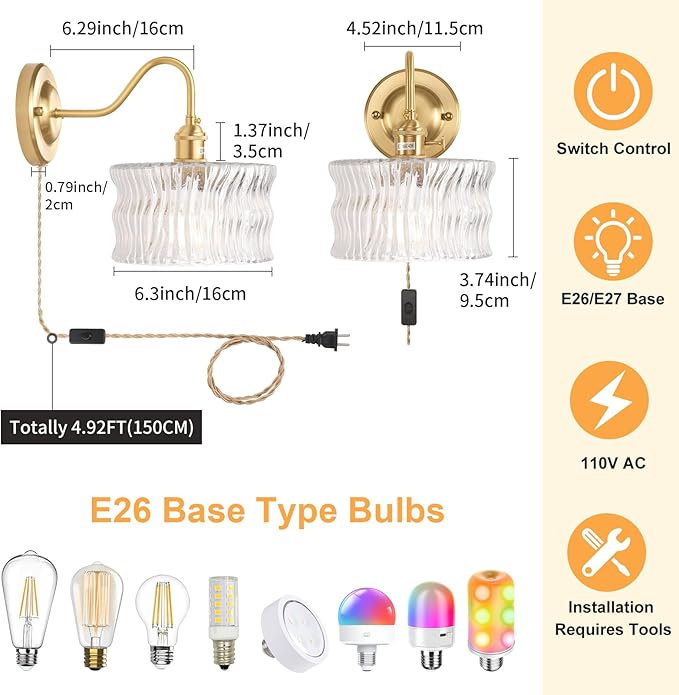 Plug in Wall Sconce Set of 2, Gold Vintage Wall Decor Lights with Clear Ripple Glass Shade, Indoor Brass Corded Wall Lamp Fixture for Bedroom Living Room Bathroom Hallway