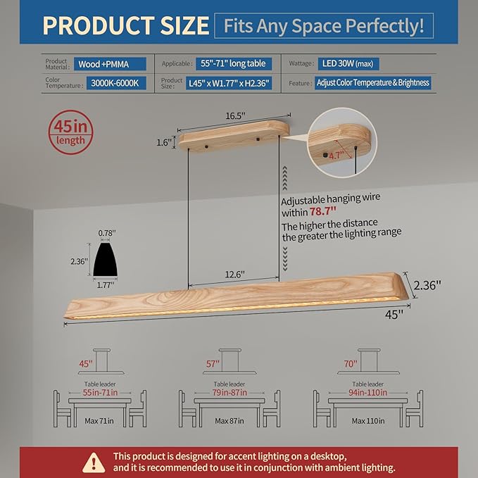 Wood Linear Pendant Light, Dimmable Kitchen Island Lighting with Remote, 30W LED Island Lights for Kitchen, Adjustable Linear Chandelier for Dinning Room Light Fixture (Natural Ash, 45in)