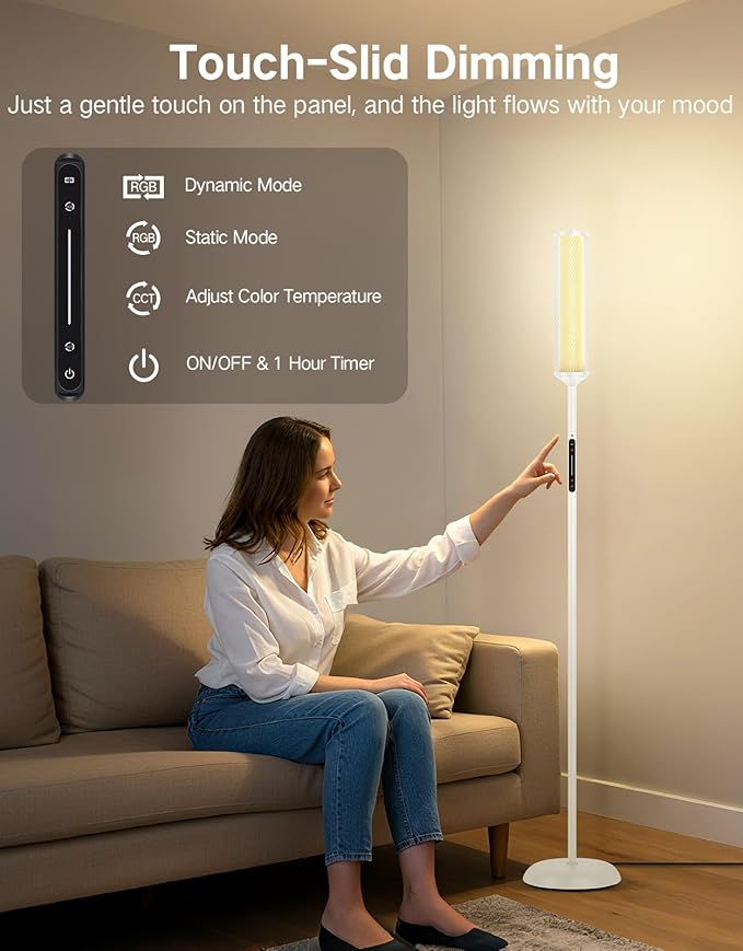 OUTON Corner Floor Lamp with Remote, Touch & App Control, RGB Color Changing Standing Lamp with 32 Modes, 360 Lighting, 3 Color Temperatures, Dimmable 66 in Tall Lamp for Living Room,White & Metal