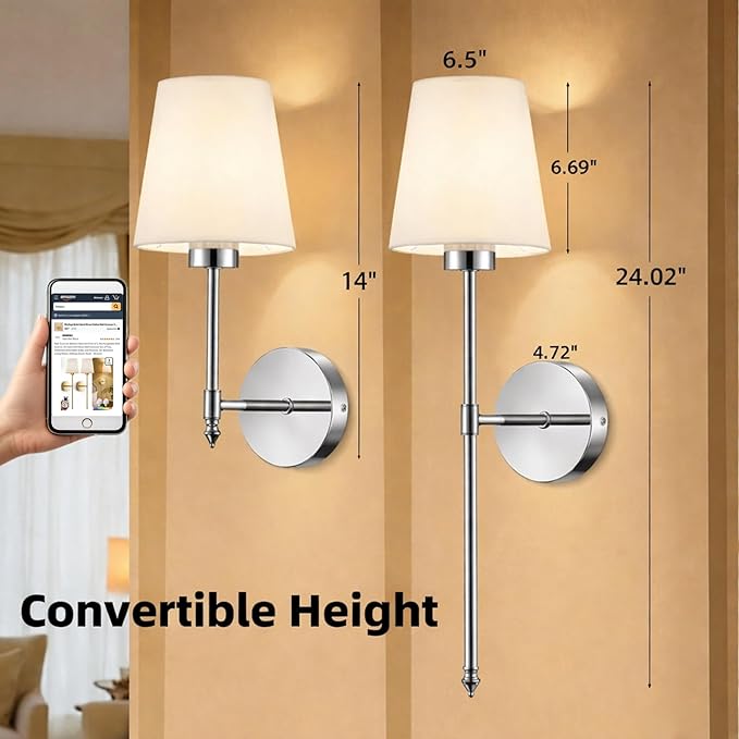Wall Sconces Battery Operated Set of 2, Rechargeable Wall Sconce, 10 Colors Wireless Wall Sconces Set of Two, 5200mAh Dimmable Bulbs and Remote for Bedroom Living Room Hallway (24 inch-Brushed Nickel)