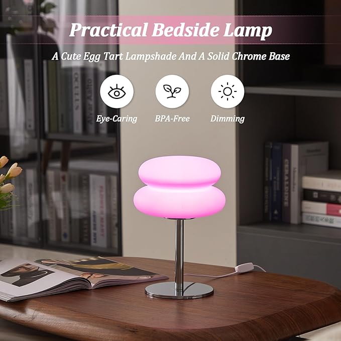 Pink Mushroom Lamp, Mid Century Modern Lamp for Nightstand, Dimmable Retro Egg Tart Bedside Lamps, Home Decor Ambient Lighting Aesthetic Cute Lamps for Bedroom Living Room (NOT Glass)