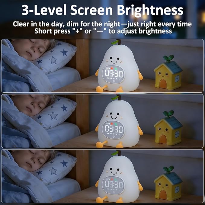 Pear Alarm Clock with Night Light for Kids with Sleep Training Light and White Noise, Rechargeable Silicone Lamp OK to Wake Clock，Cute Tabletop Clock, Perfect Sleep Companion for Boys Girls