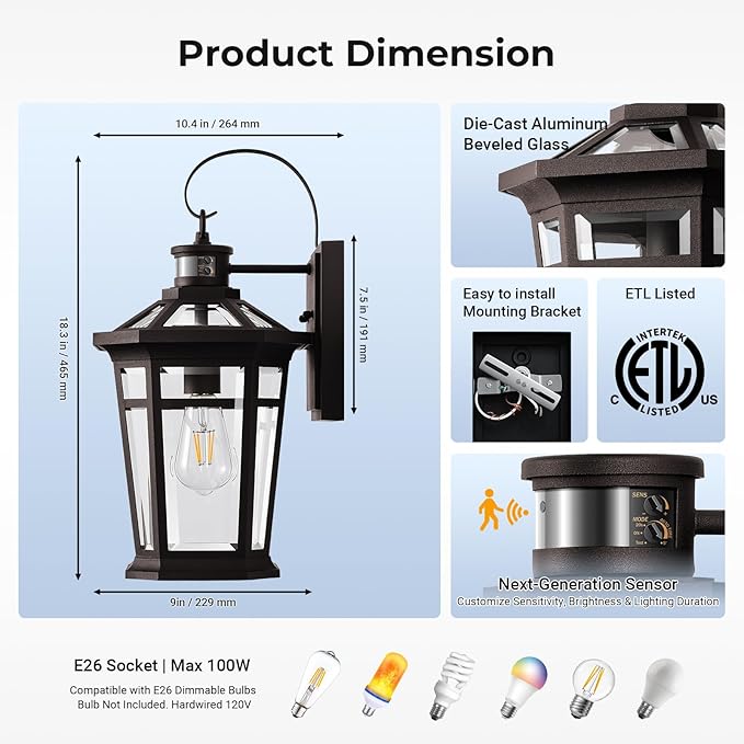 VIANIS Large Motion Sensor Porch Light, Dusk to Dawn Outdoor House Lights Wall Mount Sconce, Oil Rubbed Bronze Exterior Lighting Fixtures, 100% Anti-Rust Aluminum Outside Wall Lights for House, Garage