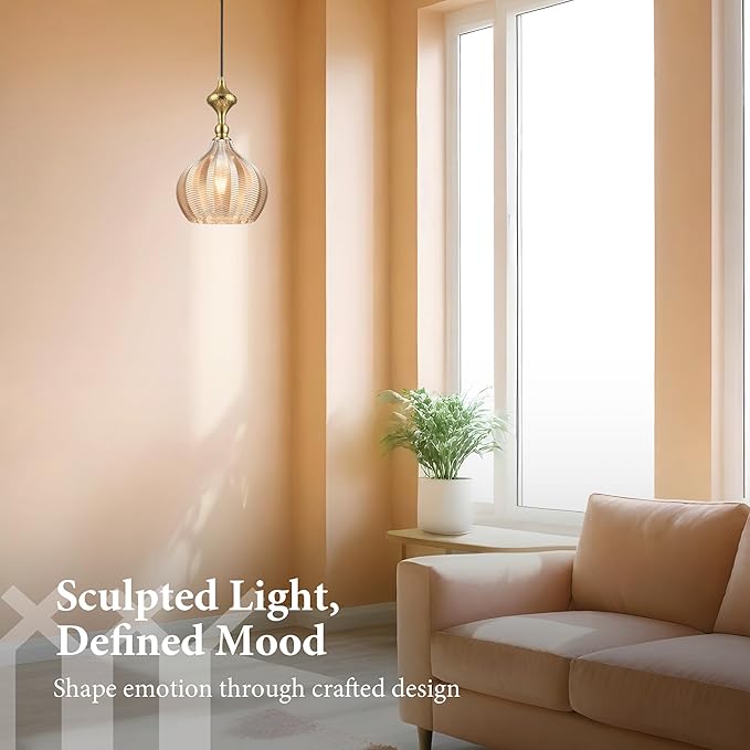Modern Glass Pendant Light, 9"x15.3" Amber Sunset-Striped Hanging Fixture with Gold Cap, 15"-72" Adjustable Line, E26 Socket for Entryway or Bar Area – Sunset Gold Chalice