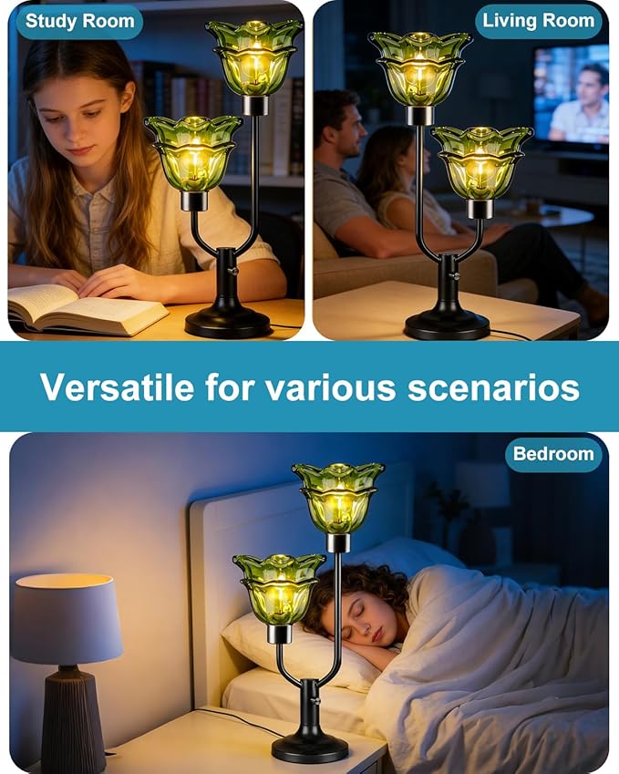 Lightdot Mid Century Modern Flower Table Lamp Black Dimmable U-Shaped Green Glass Desk Lamps with 2Pcs 3000K Warmwhite Bulbs Included Bedside Nightstand Lamp for Living Room Bedroom