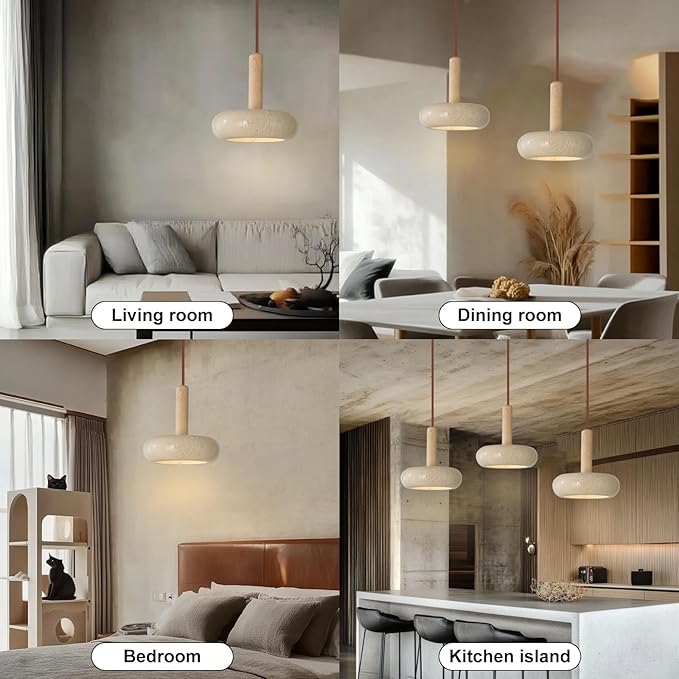9.1inch 2PCS Japanese Wabi-sabi Style Travertine Pendant Lamp LED Natural Stone Shade Pendant Light Wood Bedroom Bedside Hanging Light 3000K for Living Dining Room Table
