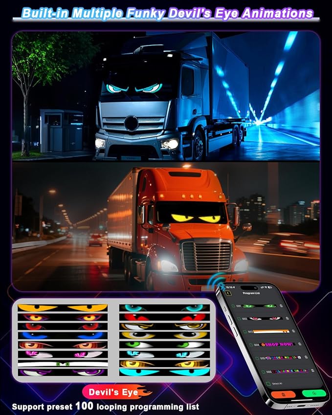 Large LED Devil Eye Lights for Windshield 52"x7.5" [Advanced Chip, 100% Synced Dual Screen] Programmable Custom Big LED Cat Eyes Display for Truck/Golf Cart Window with Remote & APP Control