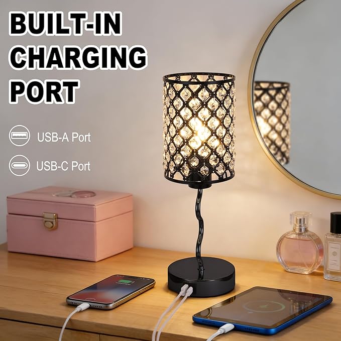 Crystal Table Lamp with 3 Way Dimmable Touch Control, Nightstand with USB A+C Ports, Modern Bedside Touch Lamp for Bedroom, Living Room, Office Reading, Black