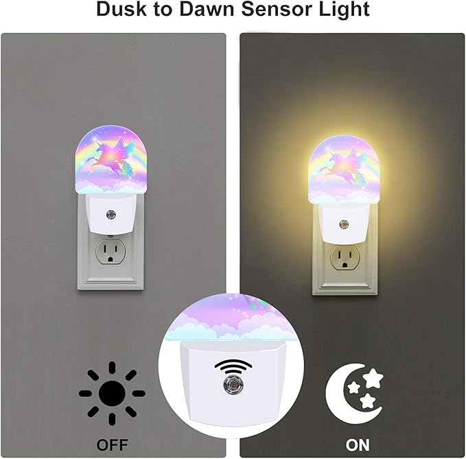 Flying Unicorn and Rainbows Night Light Plug into Wall, Shining Stars and Unicorn Dusk to Dawn Night Light,0.5w Energy Saving Sleep Friendly Nightlights for Kids Boys Girls Home Decor
