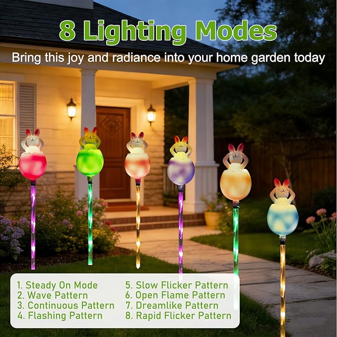 AVEKI 6 Pcs Easter Bunny Solar Pathway Lights Outdoor, Stake Lights with 8 Lighting Modes, Waterproof Outdoor Garden Lights for Easter Decorations Yard Pathway (Bunny)
