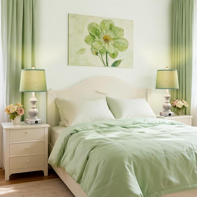 Green Bedside Lamp Set of 2 Vintage Farmhouse Table Lamps with USB A+C Ports 23.5" Floral Carved Pull Chain Boho Nightstand Lamps for Living Room Bedroom Home Office Dorm (No Bulb)