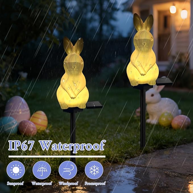 2 Pack Solar Easter Bunny Lights Outdoor, Waterproof Solar Easter Decorations Outdoor Bunny Rabbit Light Easters Yard Stakes Lights for Outside Lawn Walkway Patio (Blending Colors)