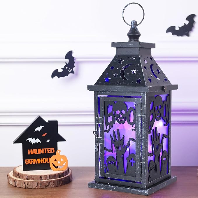 DECORKEY Halloween Decorations Indoor, 14.9" Decorative Graves&Skeleton Hands Lantern with 82" LED Lights(8 Modes; No Battery), Hanging Spooky Halloween Lanterns, Outdoor Home Room Door Party Decor