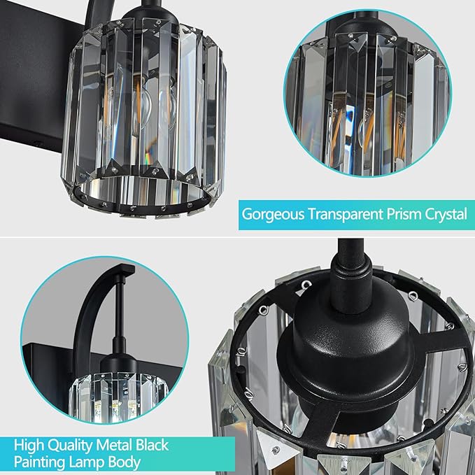 3-Light Crystal Vanity Light, Modern Black Bathroom Wall Sconce with K9 Crystal Shades, 23.62" Long Over Mirror Lighting for Vanity, Makeup, Hallway, Elegant & Durable