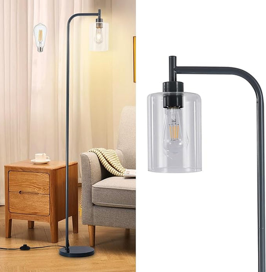 DLLT Floor Lamp Tall for Room: Grey Standing Lamp with Clear Glass Lampshade for Living Room - Modern Bright Lamp for Bedroom - Industrial Corner Floor Lamps for Office 8W Led Bulb Included