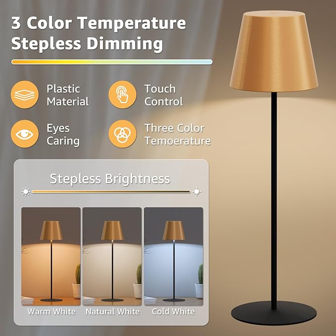 uuffoo 2 Pack Cordless Table Lamp Rechargeable 5000mAH Battery Operated Lights Touch Control LED Portable Desk Lamps 3 Color Dimming for Outdoor Coffee Bedroom Kitchen (Gold+Black)