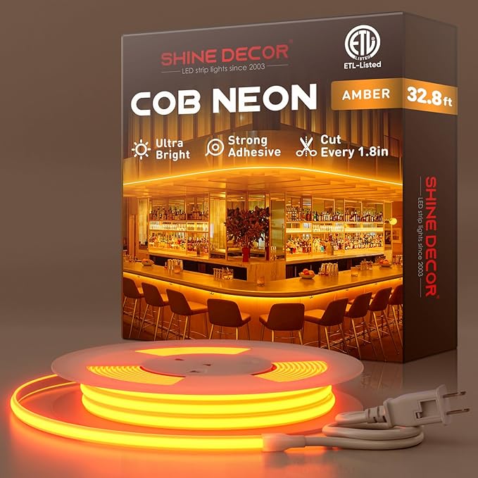 Shine Decor COB LED Rope Light AC 120V, 800lm Ultra Bright, IP65 Waterproof Cold-Resistant ETL Neon Strip, No Driver Tape Lighting for Home Commercial 10x4.5mm, Amber, 32.8ft