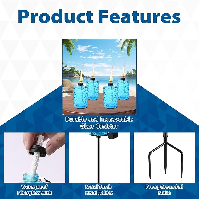 4 Pack Blue Glass Garden Torch 12 oz Outdoor Torch Garden Décor,60-Inch Upgraded Citronella Torches with 3-Prong Grounded Stake for Party Patio Pathway