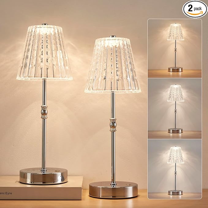 Cordless Table Lamp, 5000mAh Rechargeable Battery Operated Portable Lamp, Dimmable+3 Colors LED Touch Control, Modern Crystal Lamp for Bedroom, Kitchen, Bar, Office